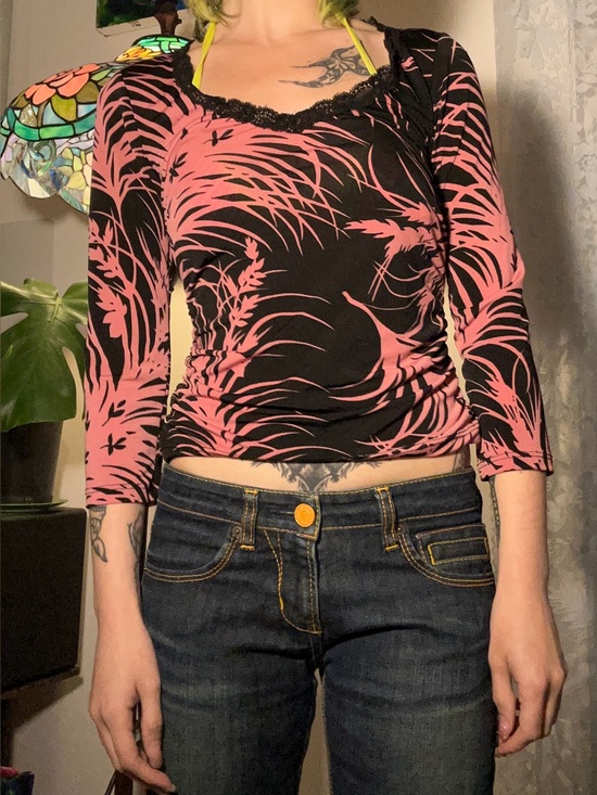 Lily Bleu Tops - Y2K Vintage Floral Pink and Black Mesh Top with Lace Trim
